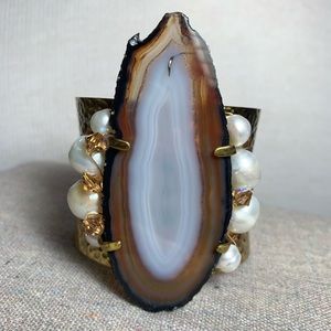 Artisan Geode cuff bracelet pearl and quartz energy gold plated